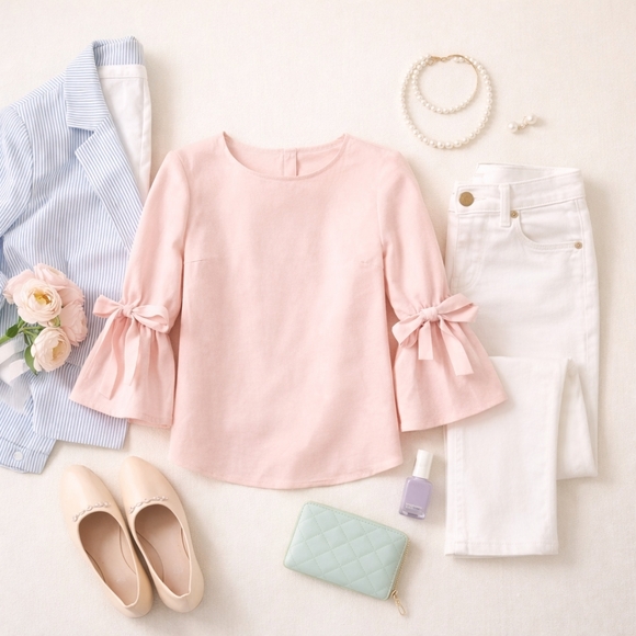 J.Crew womens bell sleeve blouse with ties. Size XS Color light pink - Picture 11 of 14